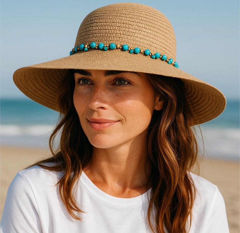 Wide Brim Boho Straw Sun Hat with Faux Turquoise & Silver Beads